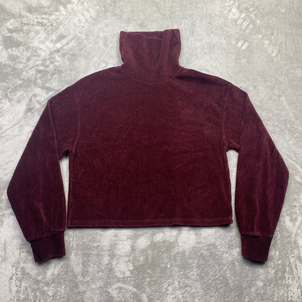 Bershka Womens Burgundy Ribbed Corduroy Turtleneck Cropped Sweater Size M